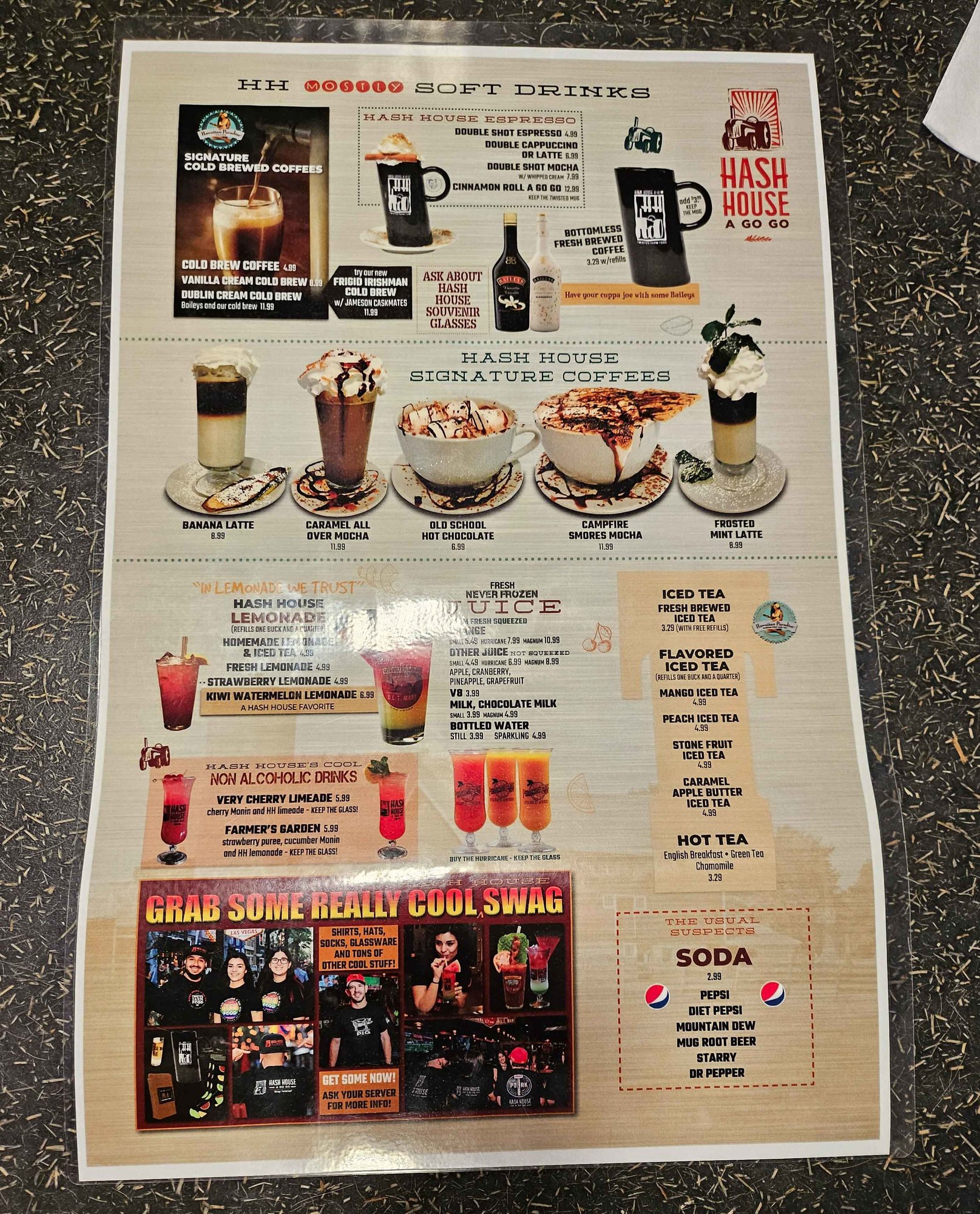 drink menu with coffees and juices